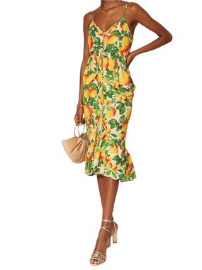 Farm Rio Orange Sands Citrus Print Ruffled Peplum Linen Midi Dress Sz Large